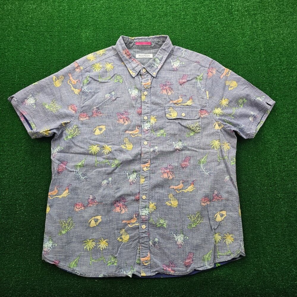 Tommy Bahama Hawaiian Shirt Mens XL Button Up Palm-Versational Summer Beach AOP